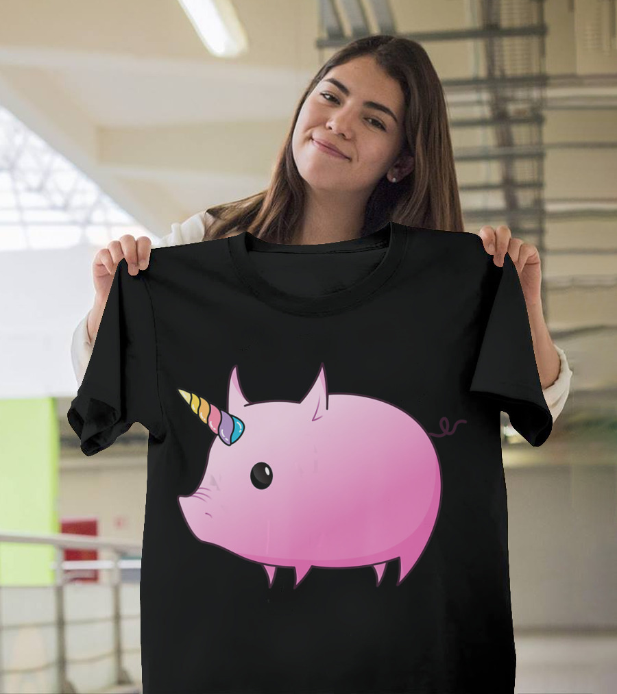 Unicorn Pig Rainbow Horn Adorable Cartoon Character T-Shirt