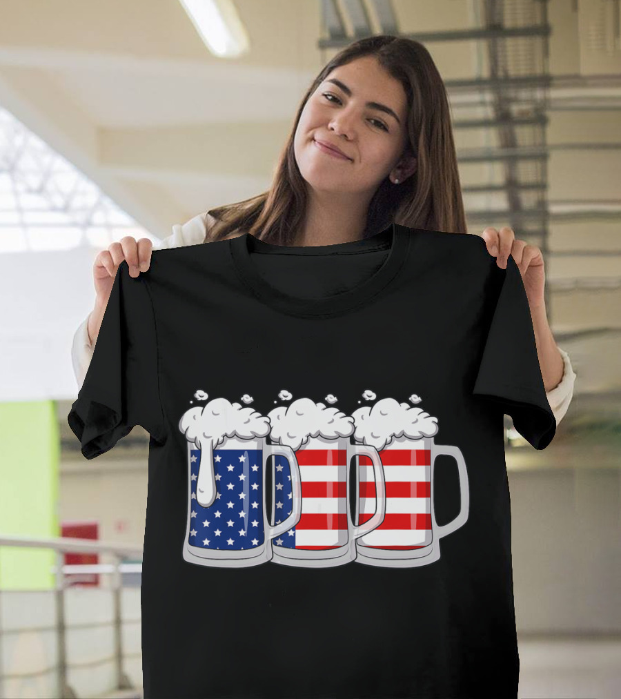 4th of July Beer Mugs with USA Flag T-Shirt