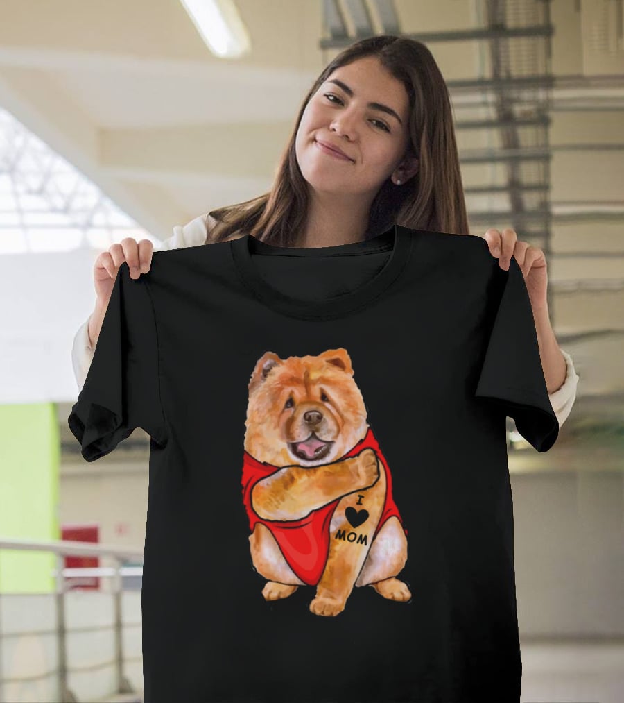 Tattoo I Love Mom Chow Chow Dog In Red T-Shirt