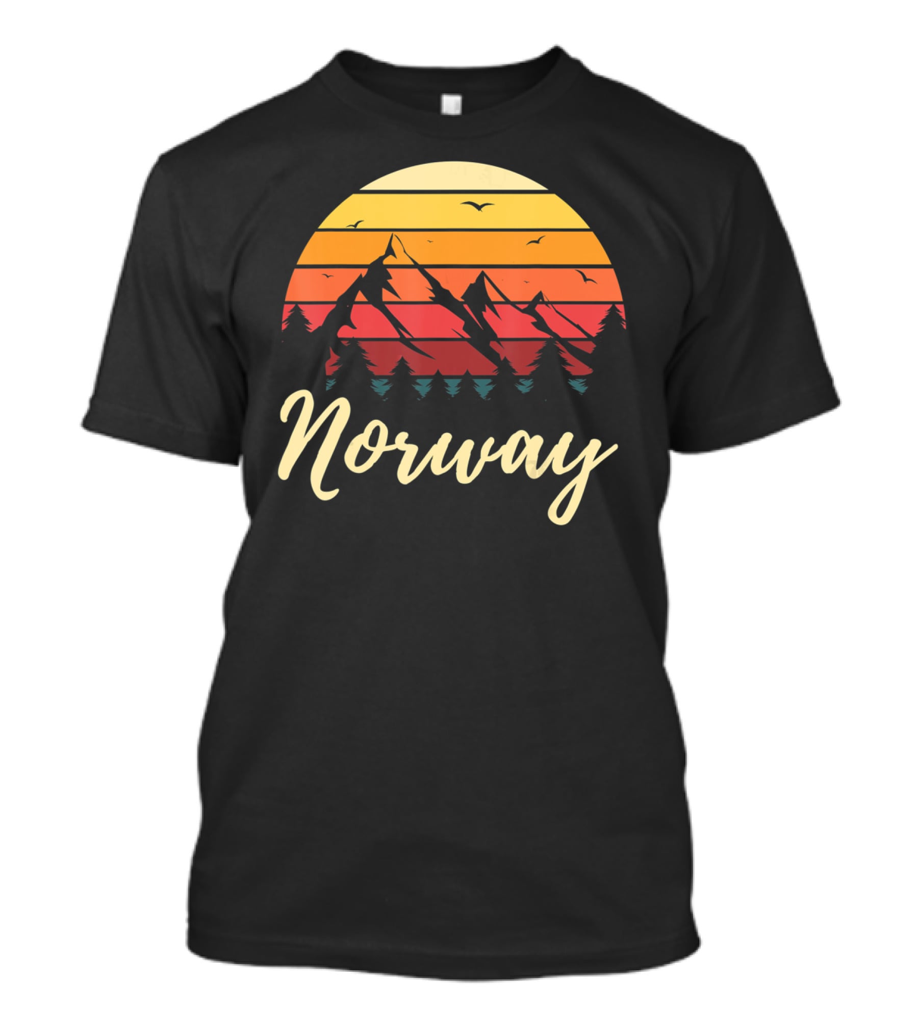 Retro Norway Mountain Sunset Landscape With Pine Trees And Birds T-Shirt