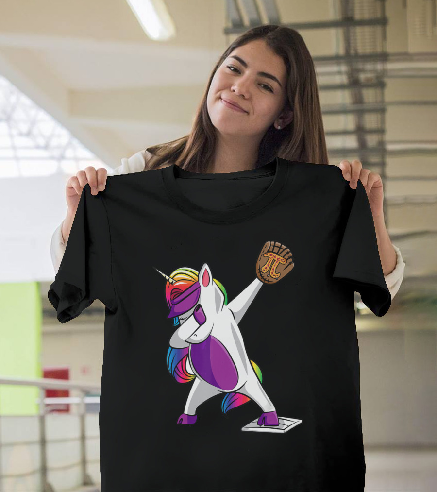 Pi Day Baseball Dabbing Unicorn Rainbow Glove T-Shirt