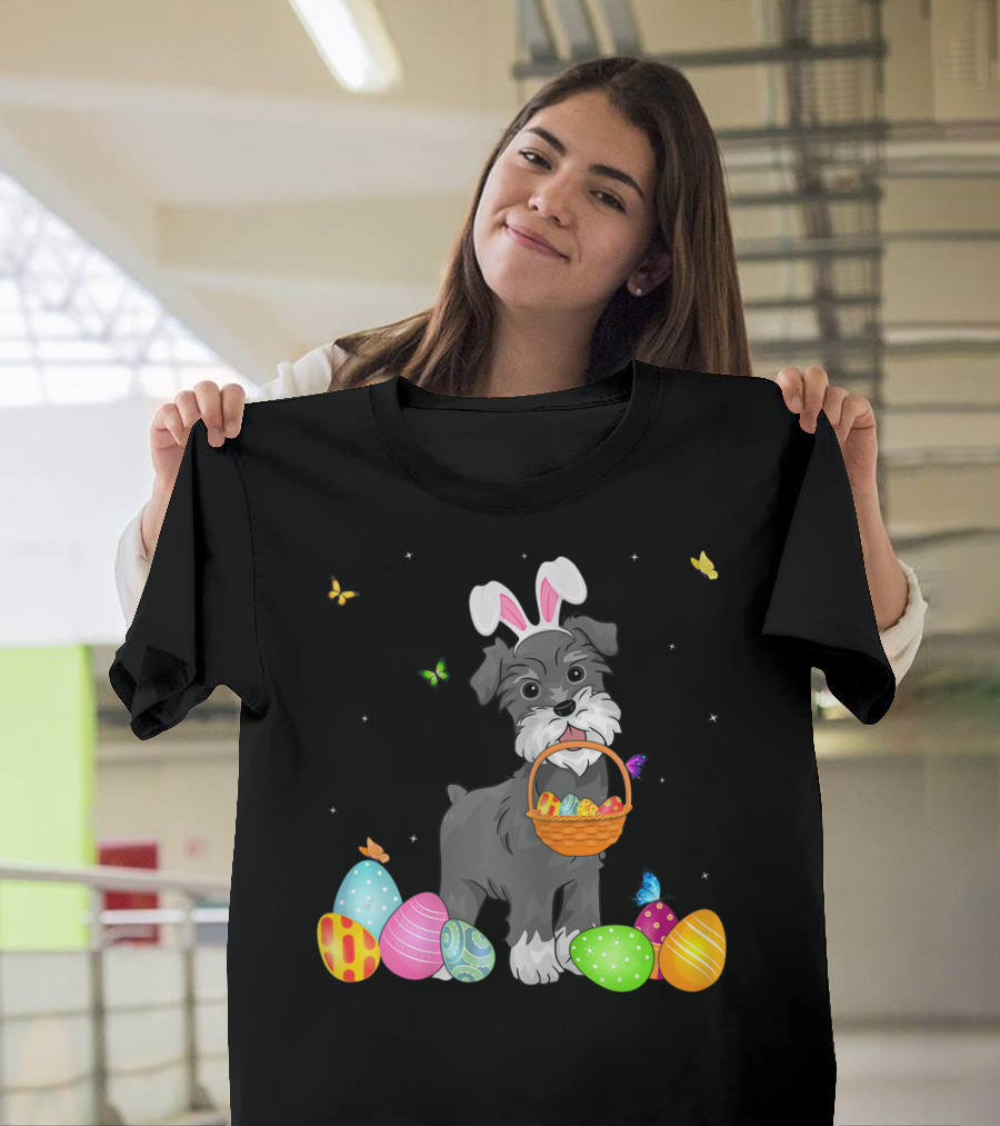 Bunny Schnauzer With Basket And Eggs Easter Day T-Shirt