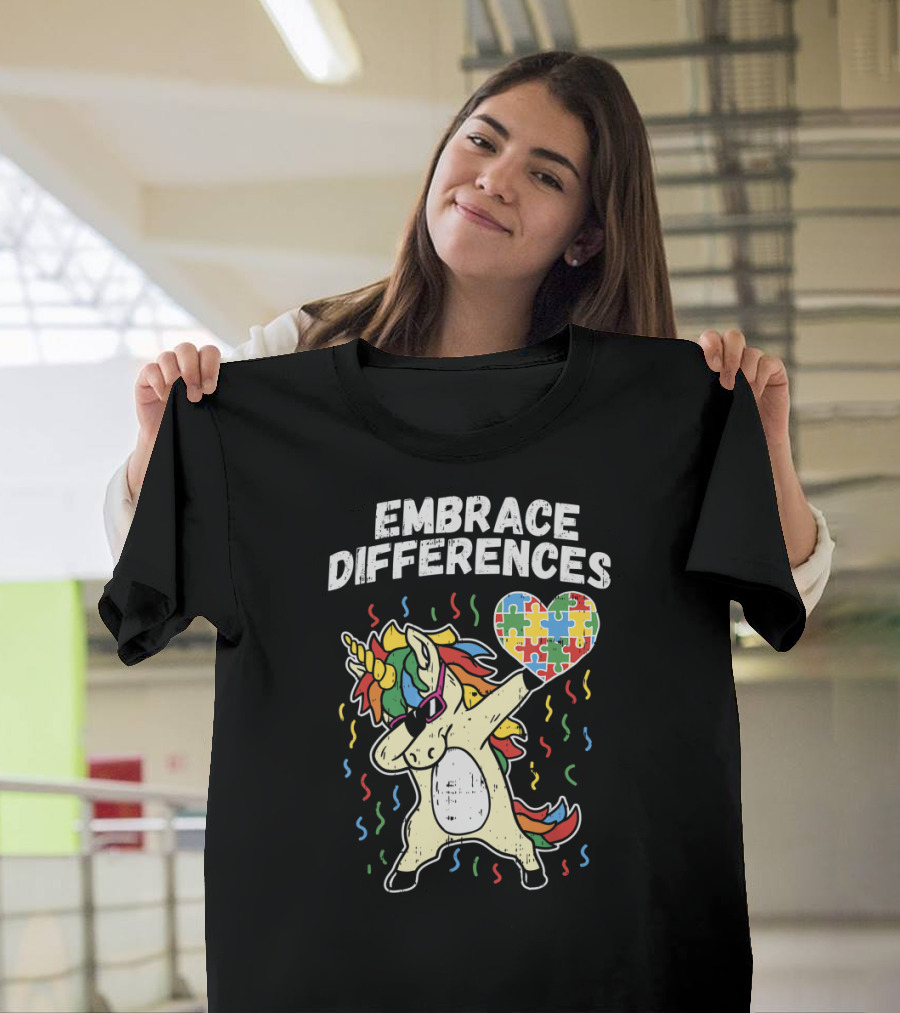 Embrace Differences Dabbing Unicorn Puzzle Heart Autism T-Shirt
