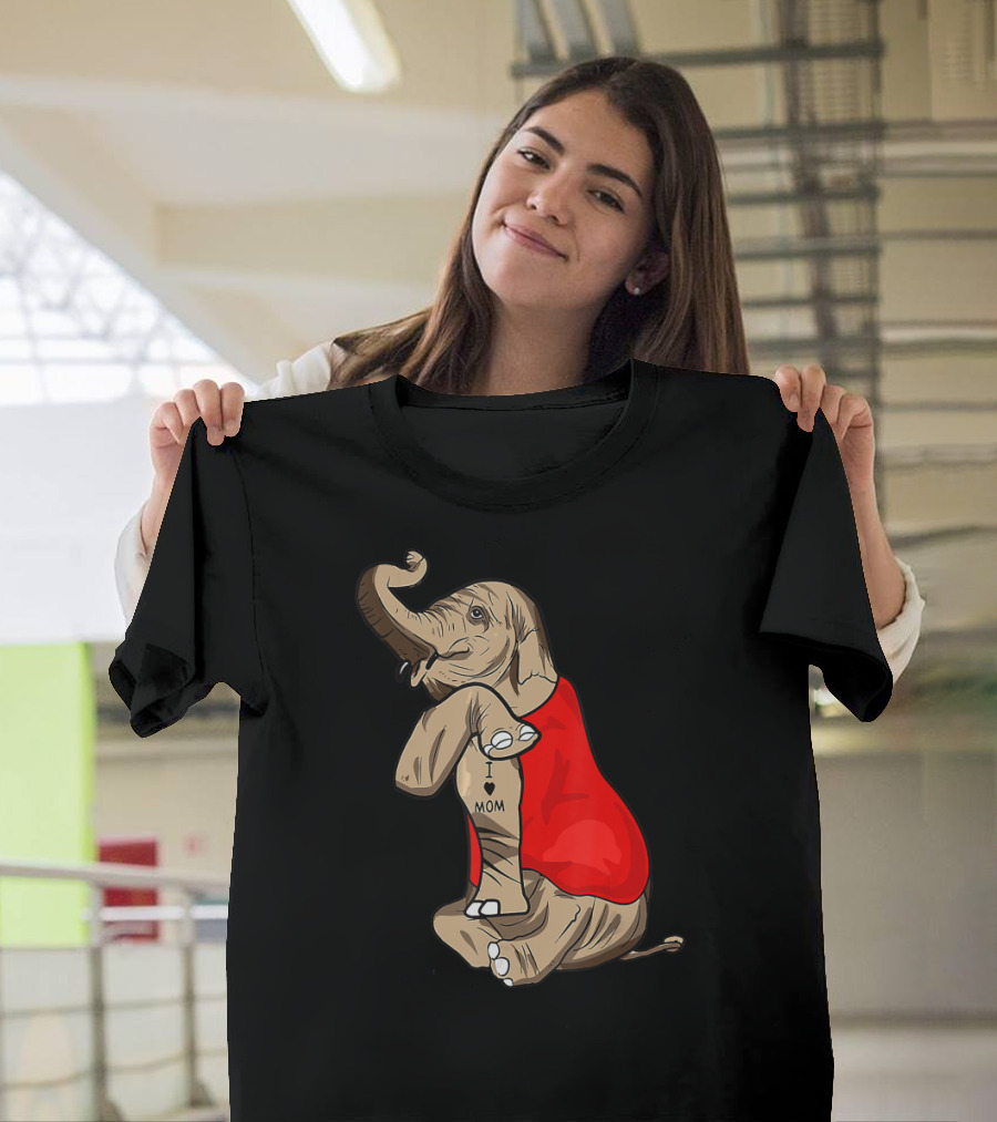 Elephant In Red I Love Mom Tattoos T-Shirt