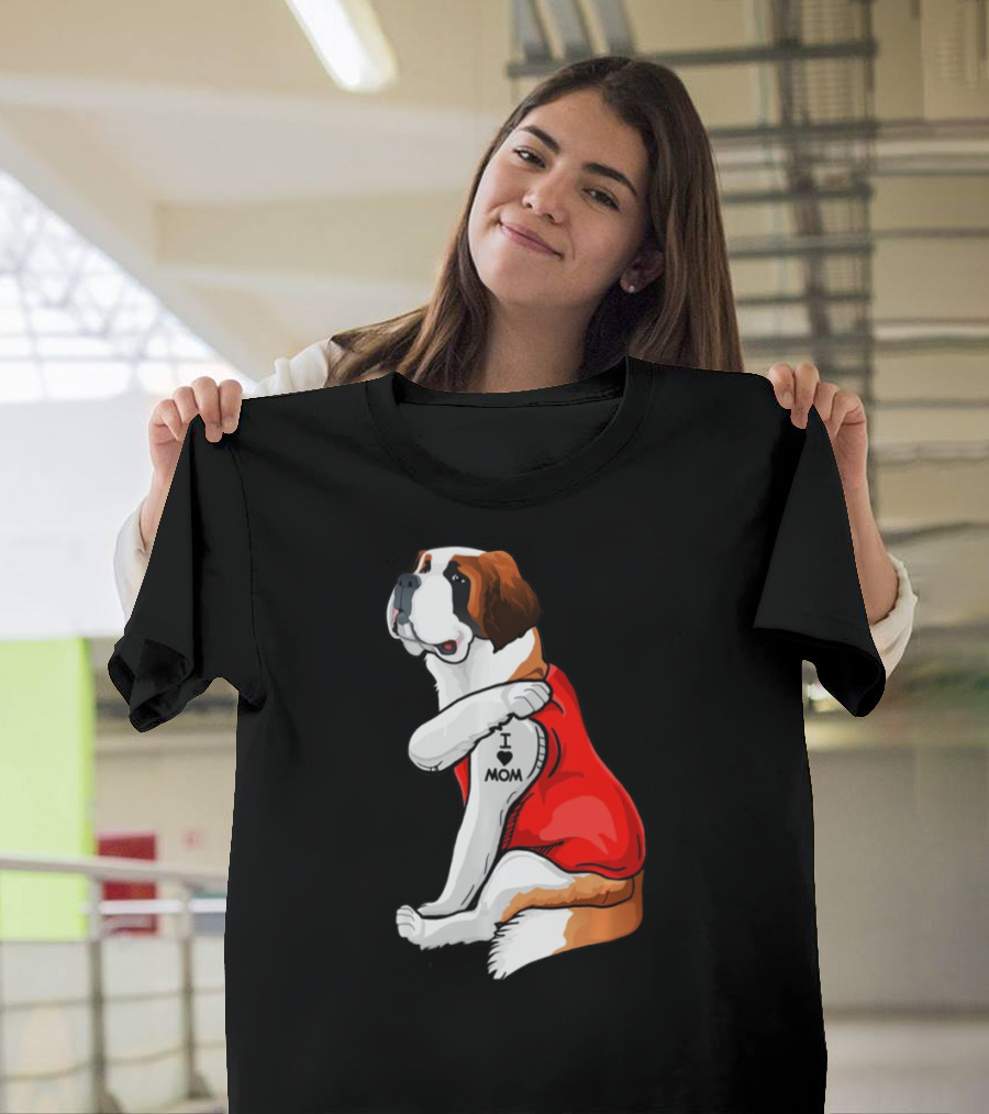 St Bernard Dog I Love Mom Tattoo Heart Red Top T-Shirt