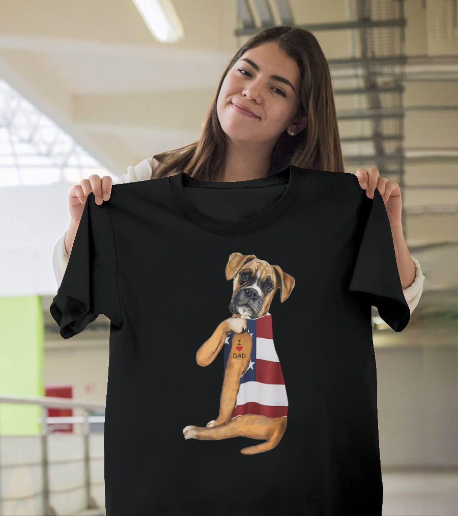 Boxer Dog I Love Dad American Flag T-Shirt