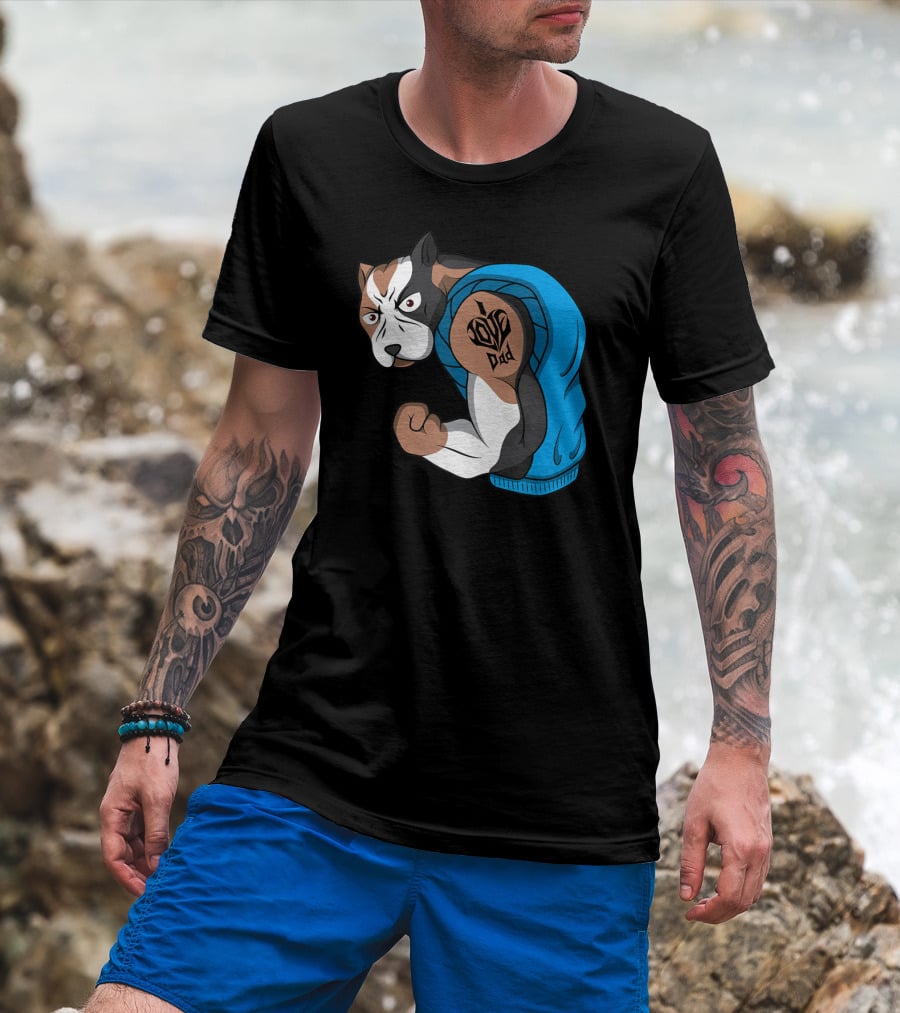 Funny Pit Bull Dog I Love Dad Tattoo Flexing Arm T-Shirt