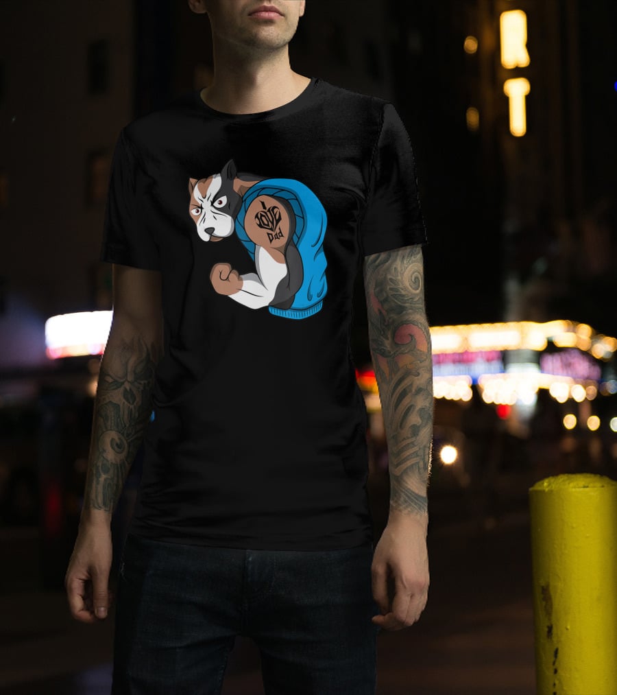 Funny Pit Bull Dog I Love Dad Tattoo Flexing Arm T-Shirt