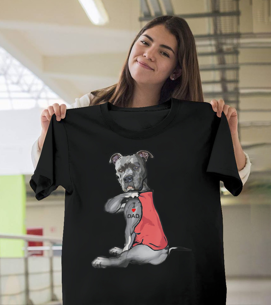 Pitbull Tattoo I Love Dad Red T-Shirt