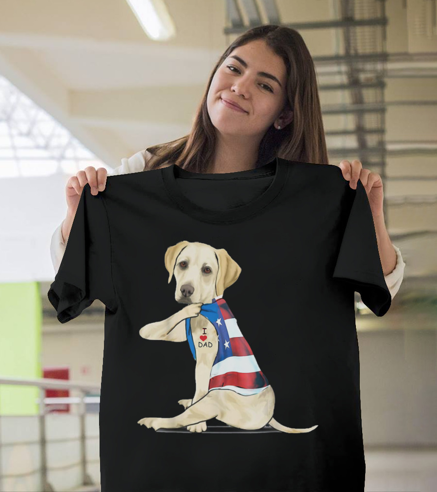 Labrador Retriever I Love Dad American Flag Dog Tattoo T-Shirt