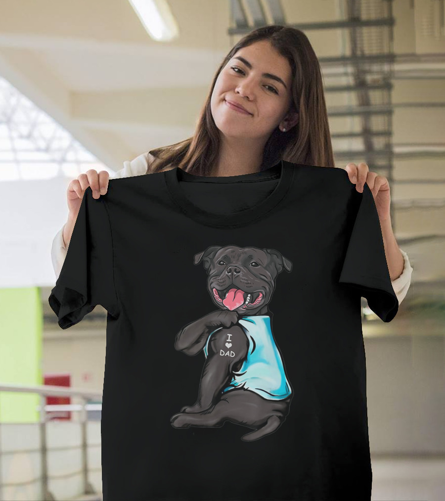 Staffordshire Bull Terrier I Love Dad Dog Blue T-Shirt