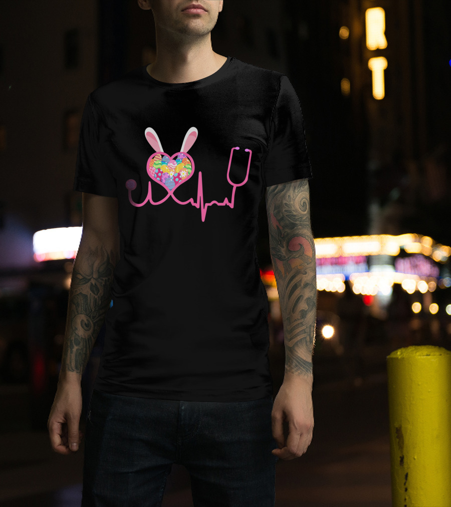 Nurse Easter Bunny Heartbeat And Stethoscope T-Shirt