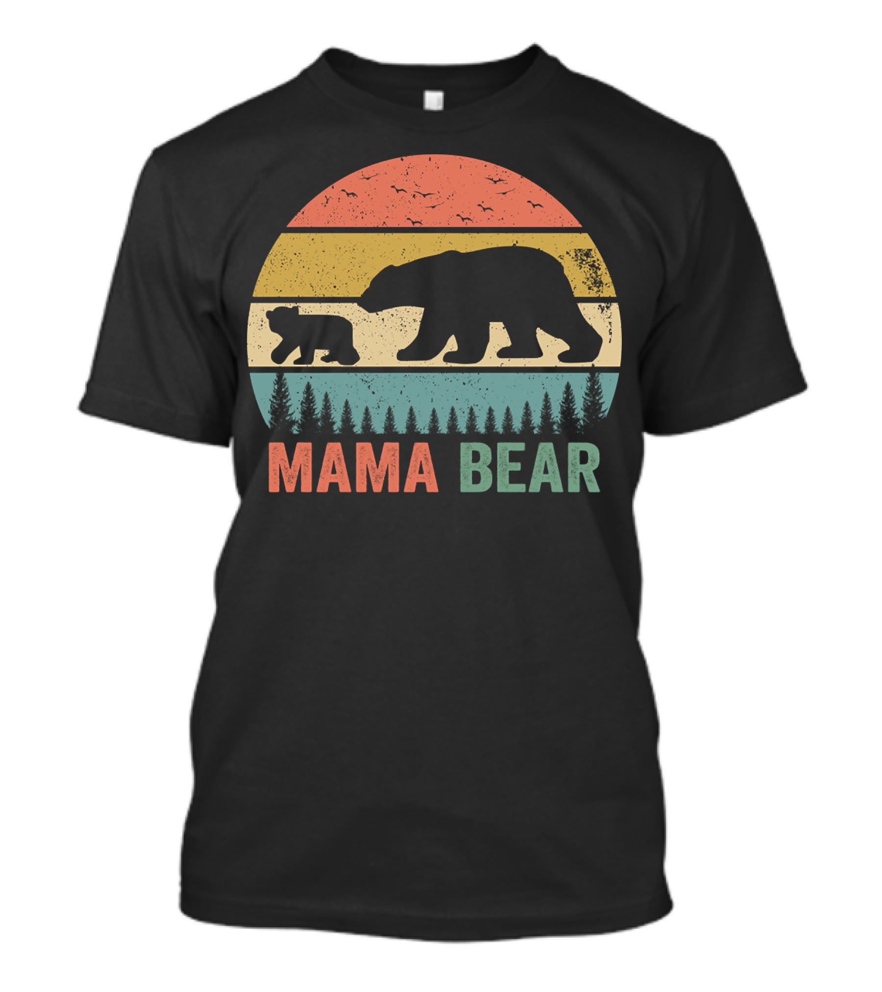 Mama Bear With Baby Cub Retro Sunset Silhouette Nature Scene T-Shirt