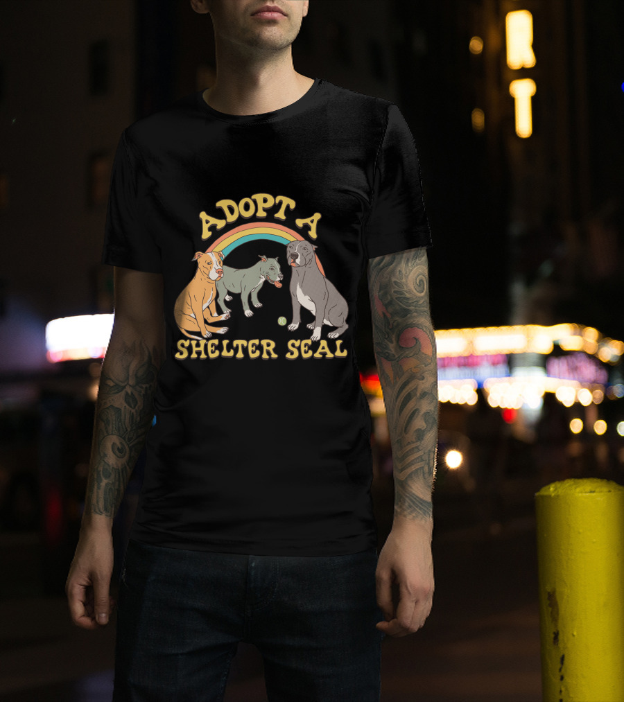 Adopt A Shelter Seal Pitbulls Rainbow Dogs T-Shirt