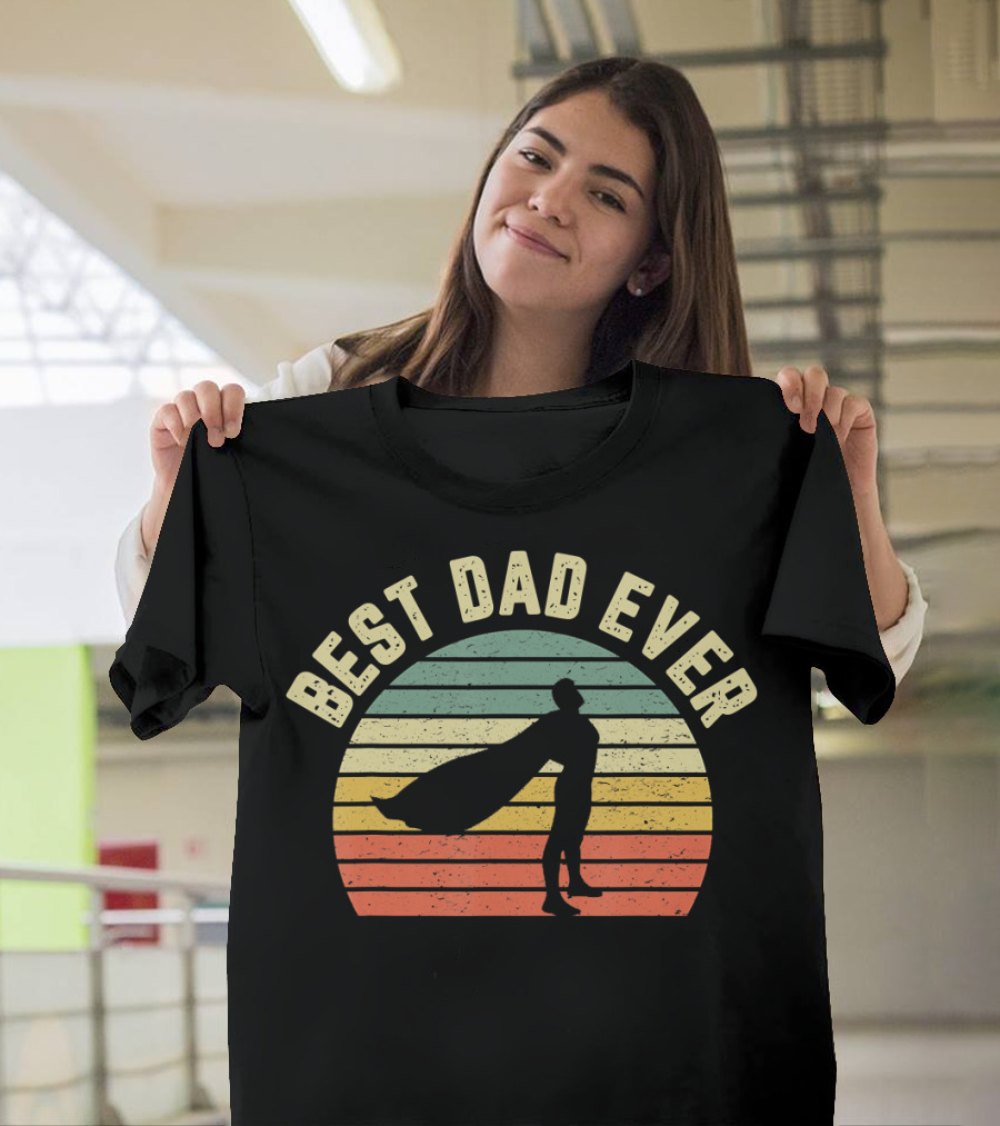 Best Dad Ever Superhero Silhouette Vintage Sunset Stripes T-Shirt