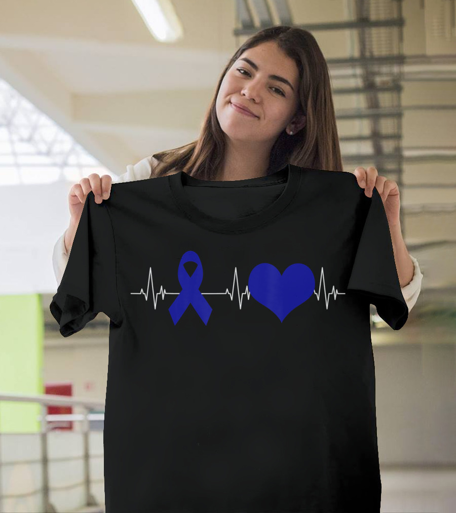 Colon Cancer Awareness Blue Ribbon Heartbeat T-Shirt