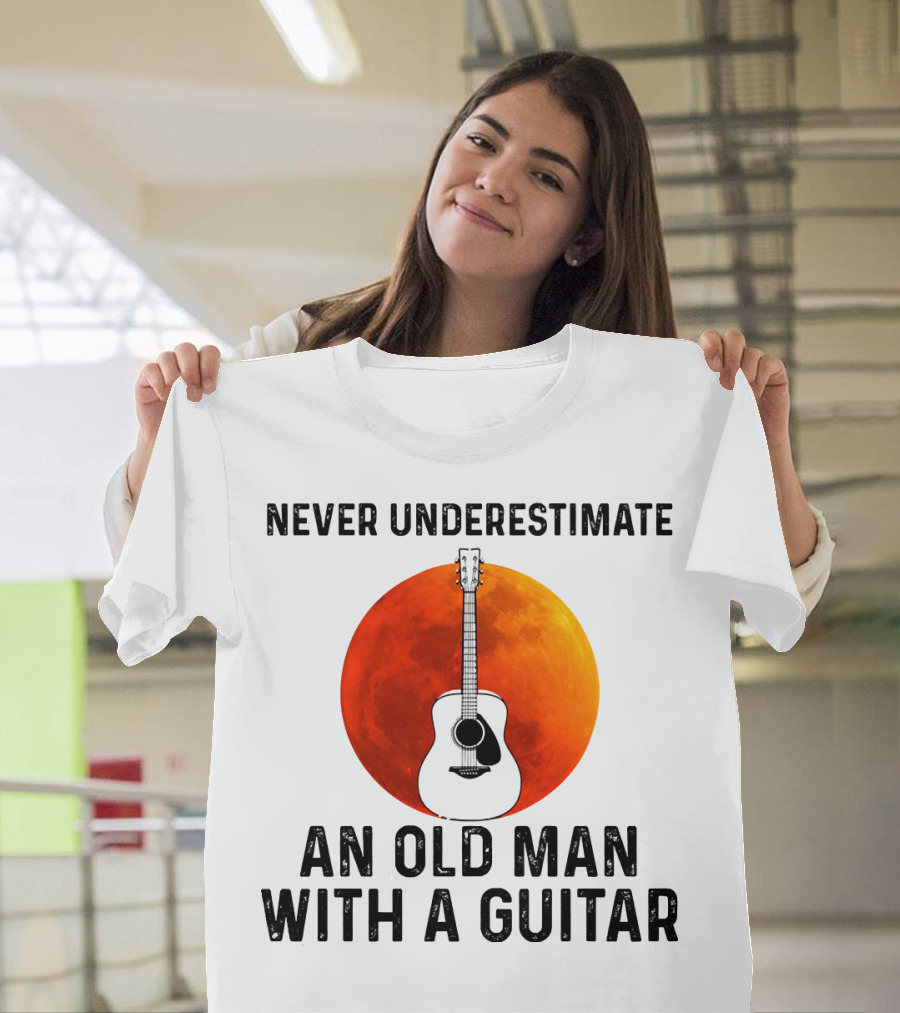 Never Underestimate An Old Man With A Guitar And Lunar Eclipse Background T-Shirt