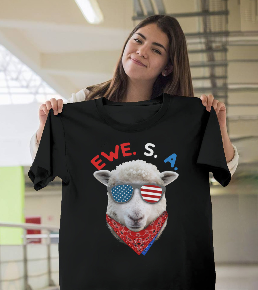 Ewe S A Sheep With USA Flag Sunglasses And Red Bandana T-Shirt
