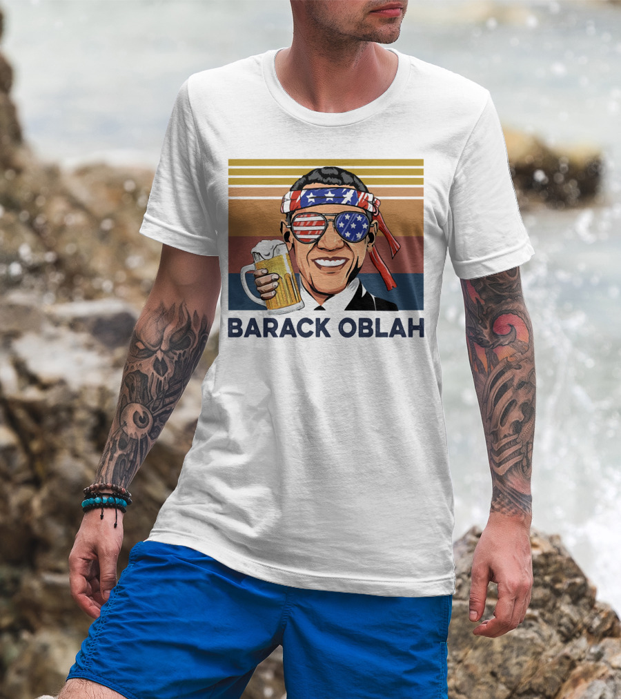 Barack Obama Oblah Drink Vintage USA Flag Headband And Stars Stripes Shades With Beer Mug T-Shirt