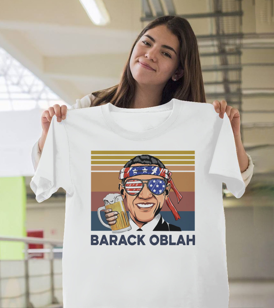 Barack Obama Oblah Drink Vintage USA Flag Headband And Stars Stripes Shades With Beer Mug T-Shirt