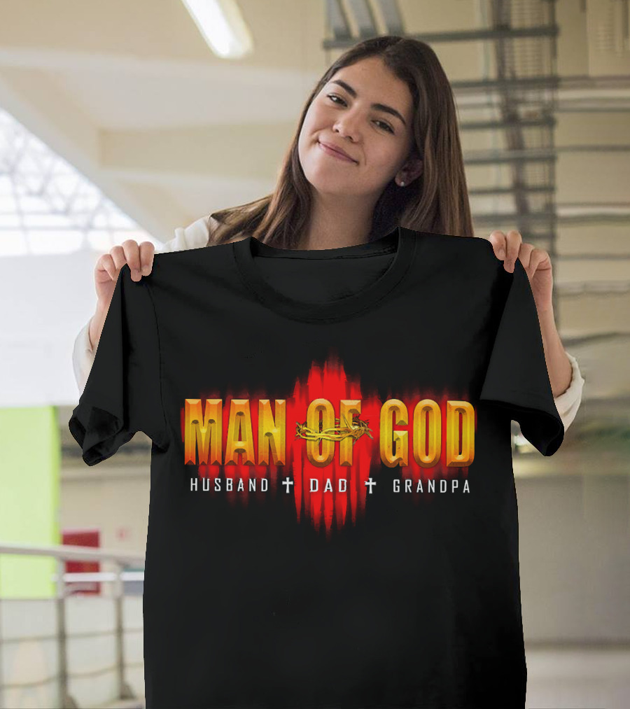 Man Of God Husband Dad Grandpa Cross Crown T-Shirt