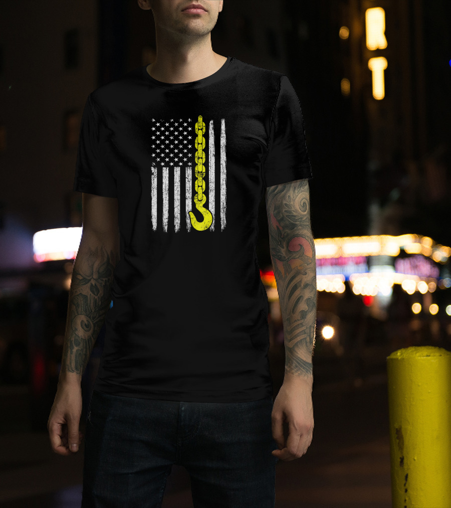 USA Flag Yellow Chain Hook Truck Driver T-Shirt