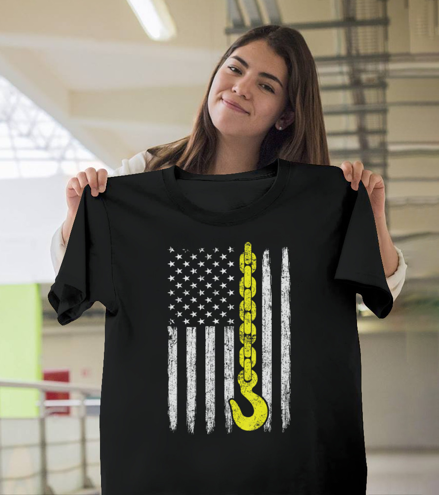 USA Flag Yellow Chain Hook Truck Driver T-Shirt