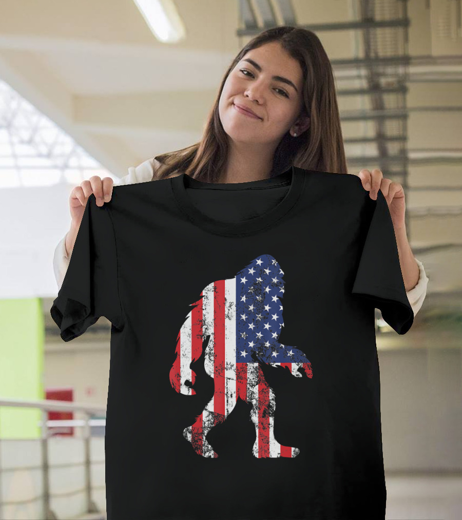 Patriotic Bigfoot Silhouette with American Flag Colors T-Shirt