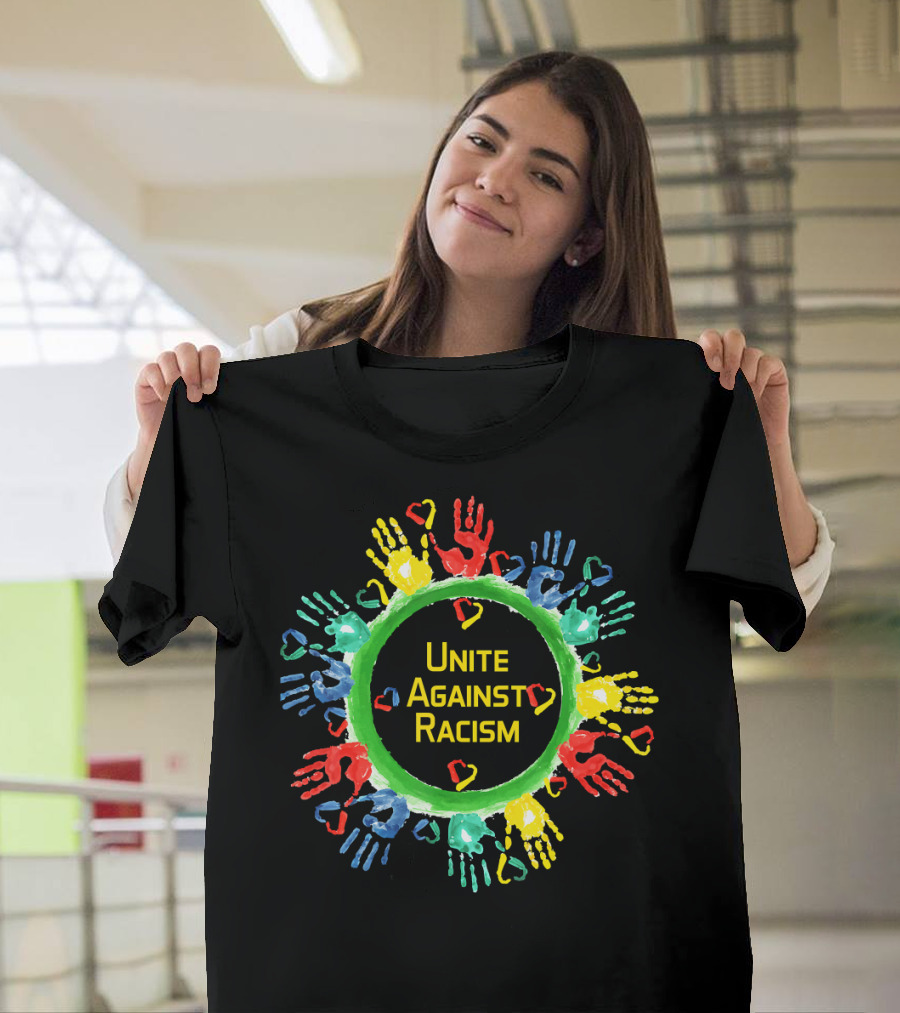 Unite Against Racism Colorful Handprints Circle with Hearts T-Shirt
