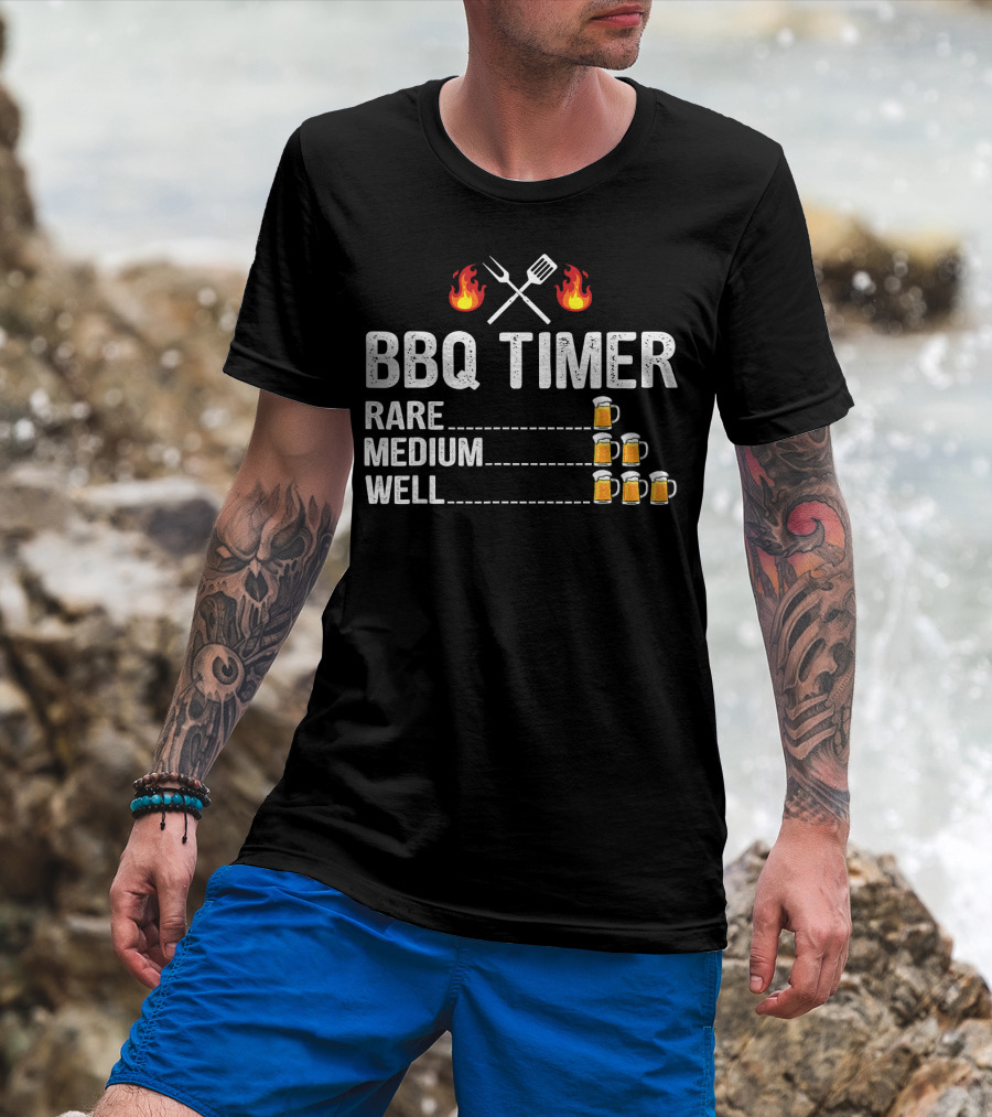 BBQ Timer Rare Medium Well Beer Flames Fork Spatula Mugs T-Shirt