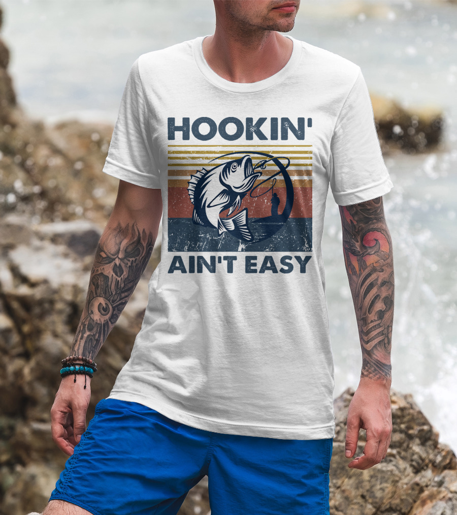 Hookin' Ain't Easy Vintage Fishing Graphic With Striped Sunset And Angler T-Shirt