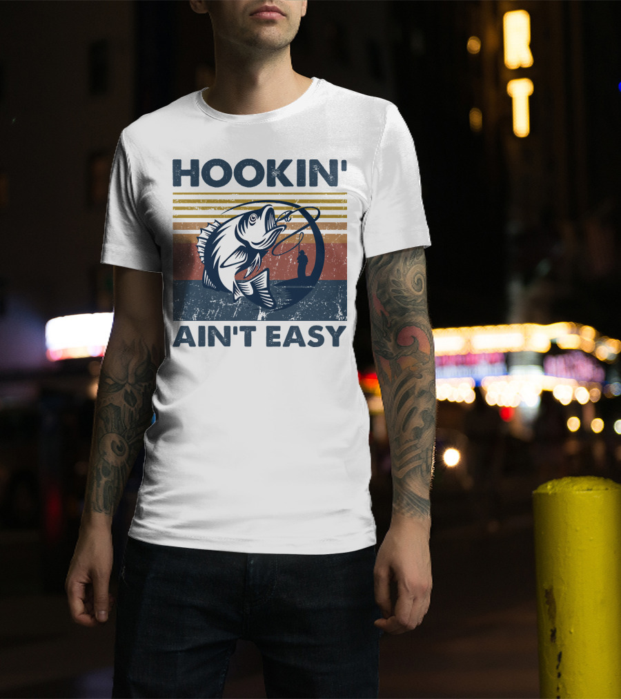 Hookin' Ain't Easy Vintage Fishing Graphic With Striped Sunset And Angler T-Shirt