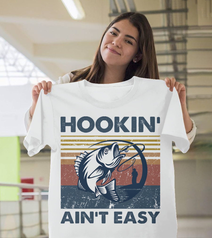 Hookin' Ain't Easy Vintage Fishing Graphic With Striped Sunset And Angler T-Shirt