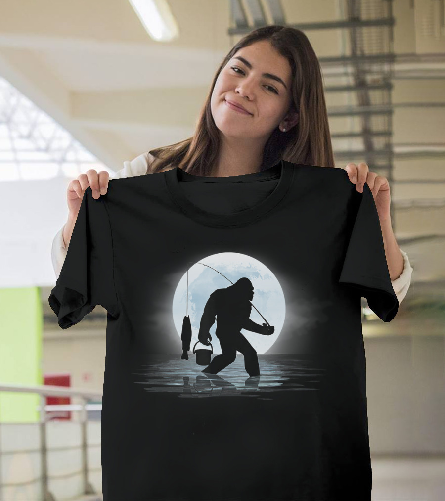 Moonlit Bigfoot Sasquatch Fishing Adventure Night T-Shirt