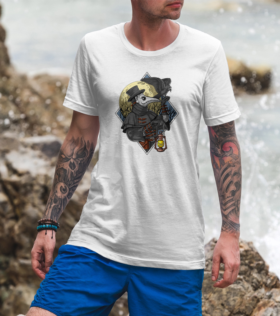 Plague Doctor Steampunk Raven Medieval Lantern Moonlit Forest T-Shirt