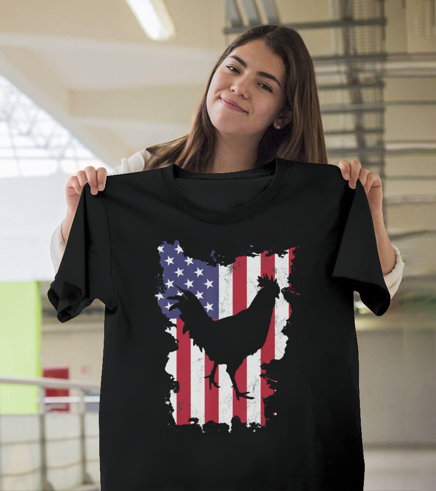 Rooster Silhouette American Flag Background Patriotic Chicken 4th Of July USA T-Shirt