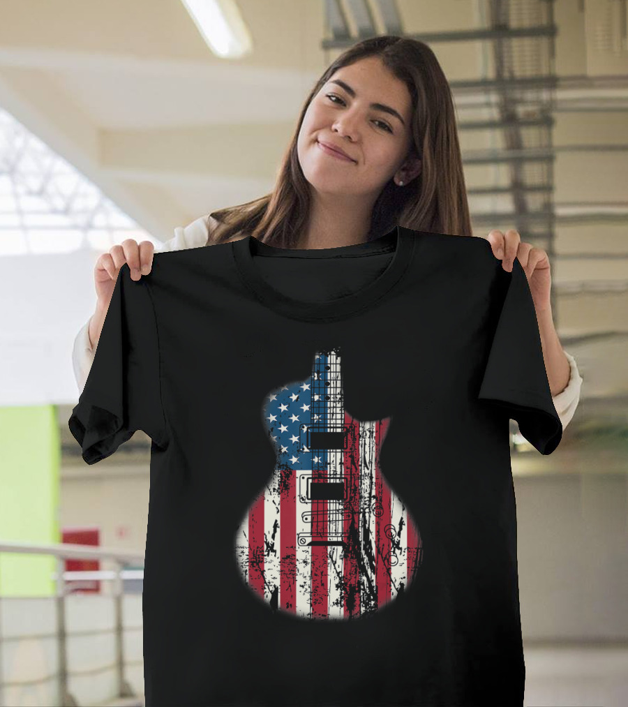 US American Flag Electric Guitar Stars and Stripes 4th of July T-Shirt