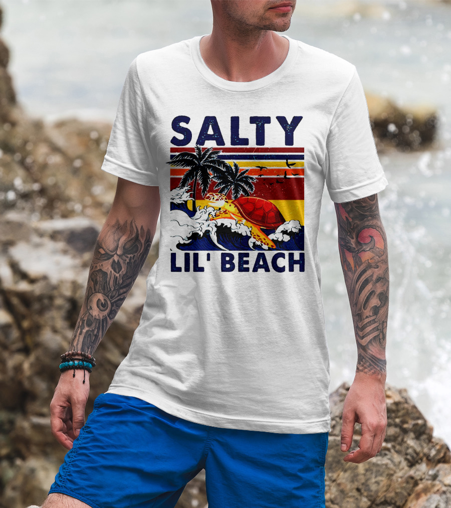 Salty Lil Beach Turtle Vintage Summer Retro Waves And Palms T-Shirt