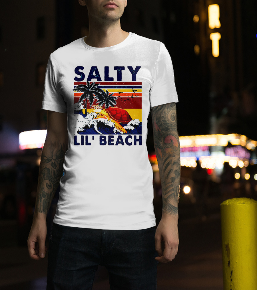 Salty Lil Beach Turtle Vintage Summer Retro Waves And Palms T-Shirt