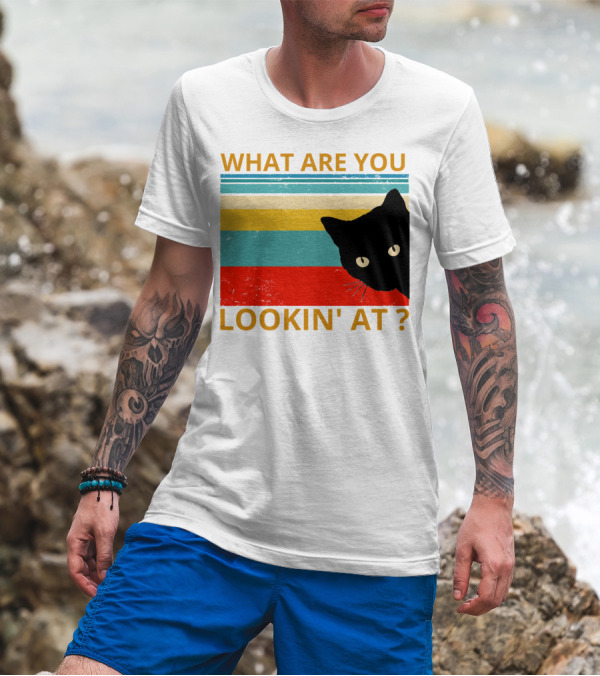 WHAT ARE YOU LOOKIN' AT BLACK CAT VINTAGE STRIPES T-Shirt