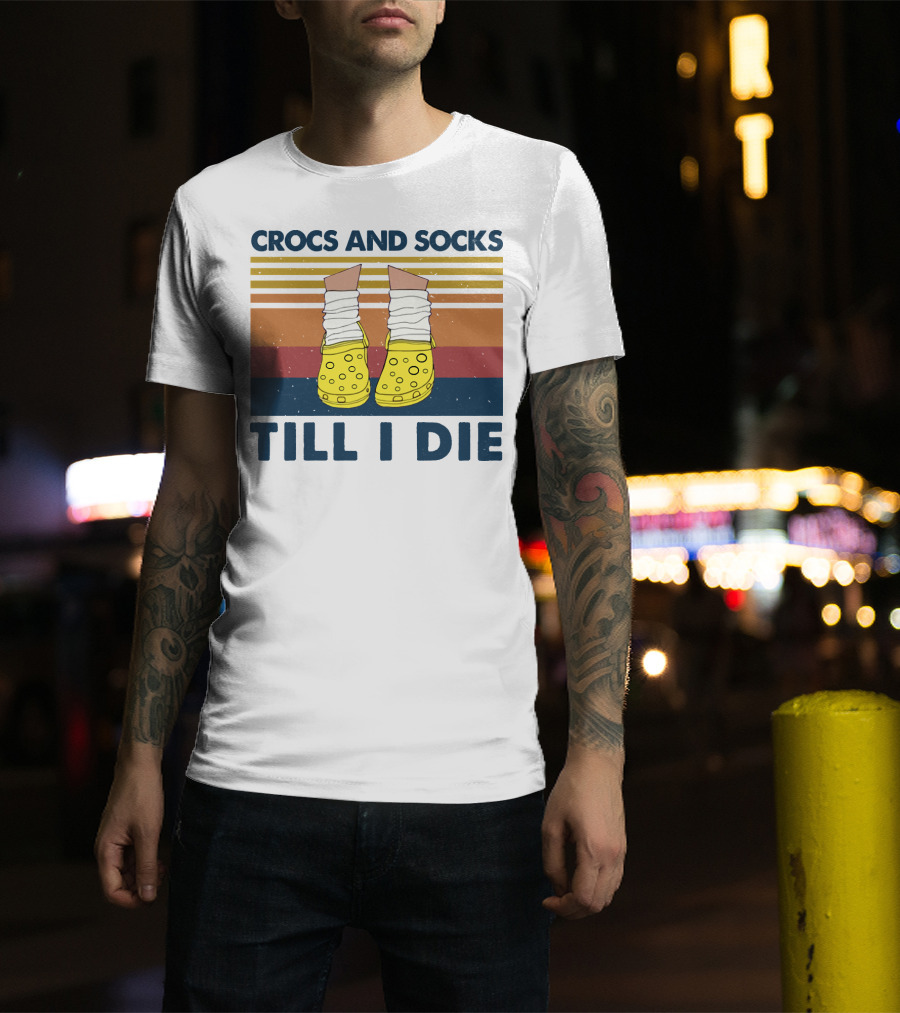 Crocs And Socks Till I Die Yellow Footwear Retro Stripes T-Shirt