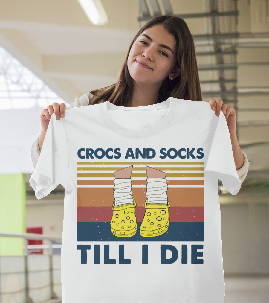 Crocs And Socks Till I Die Yellow Footwear Retro Stripes T-Shirt