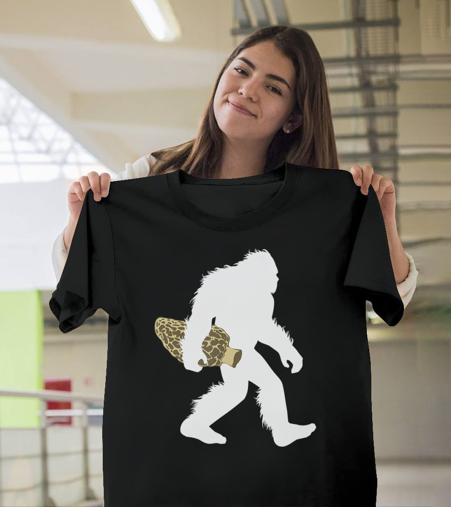 Bigfoot Silhouette Carrying Morel Mushroom T-Shirt