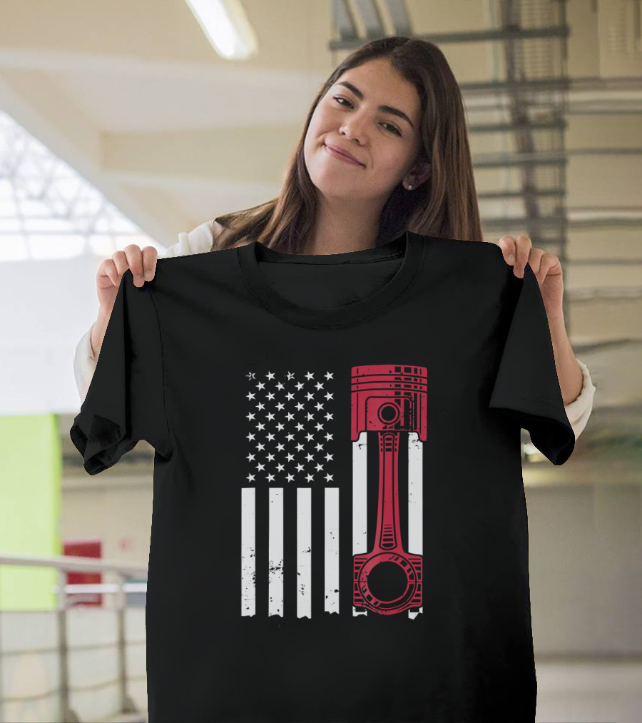 American Flag Piston Car Enthusiast Muscle T-Shirt