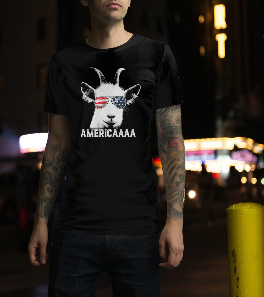 AMERICAAAA Patriotic Goat USA Flag Sunglasses Independence Day T-Shirt