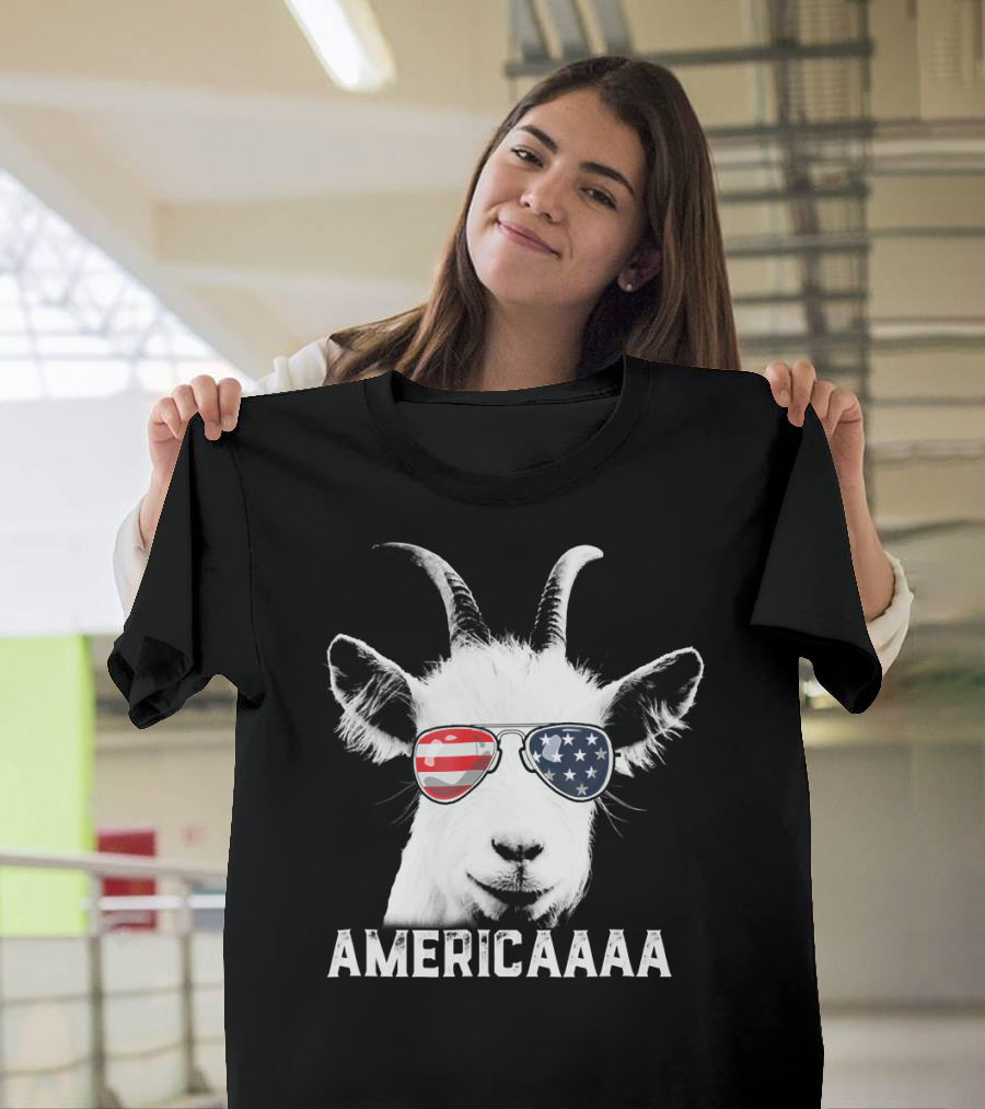 AMERICAAAA Patriotic Goat USA Flag Sunglasses Independence Day T-Shirt