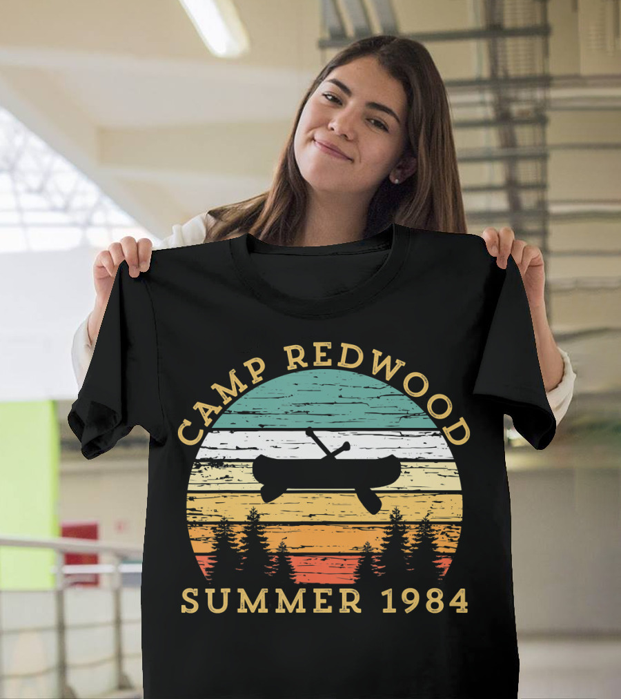 Camp Redwood Summer 1984 Retro Vintage Canoe And Trees T-Shirt