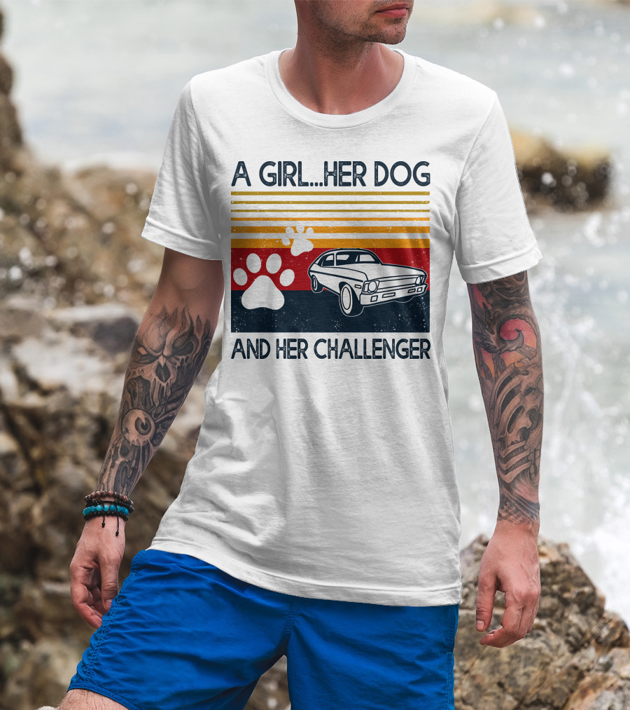 A Girl Her Dog And Her Challenger Vintage Car With Paw Prints T-Shirt
