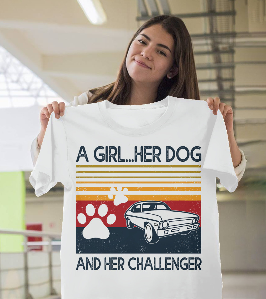 A Girl Her Dog And Her Challenger Vintage Car With Paw Prints T-Shirt