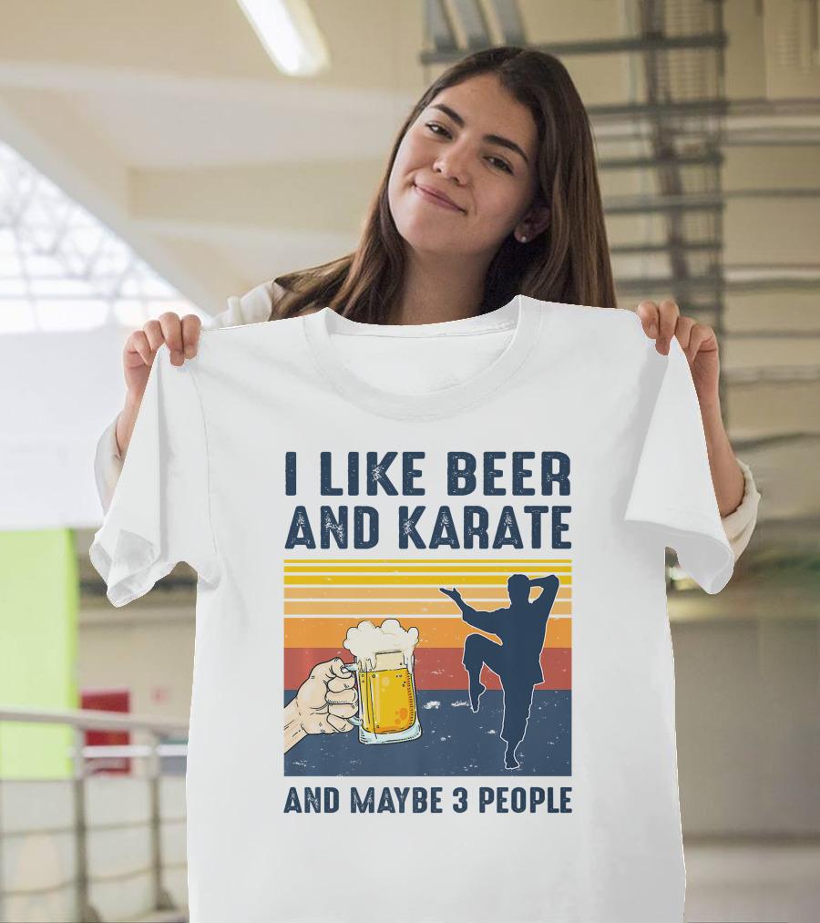 I Like Beer And Karate And Maybe 3 People Vintage Sunset T-Shirt